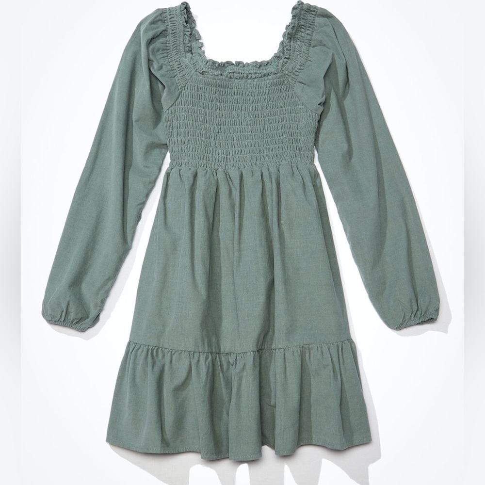 AMERICAN EAGLE WOMEN GREEN LONG-SLEEVE SMOCKED CORDUROY MINI DRESS